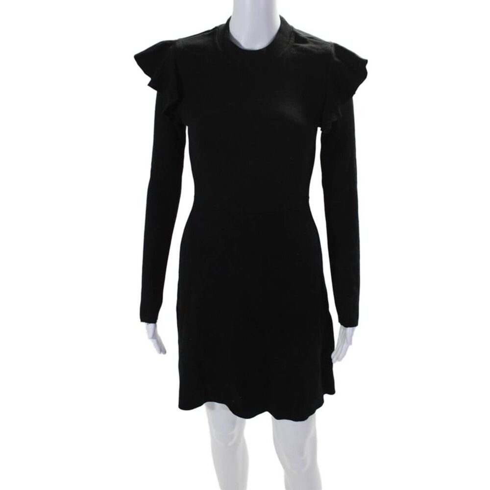 Just One Answer Womens Black Crew Neck Ruffle Long Sleeve Shift Dress Size S